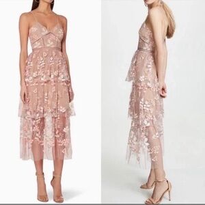 Self Portrait Floral Mesh Tiered Midi Strapless Dress